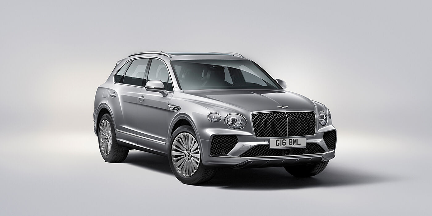 Bentley Lima Bentley Bentayga luxury SUV front three quarter view in Moonbeam paint with matrix grille and 21″ 5 spoke painted wheels