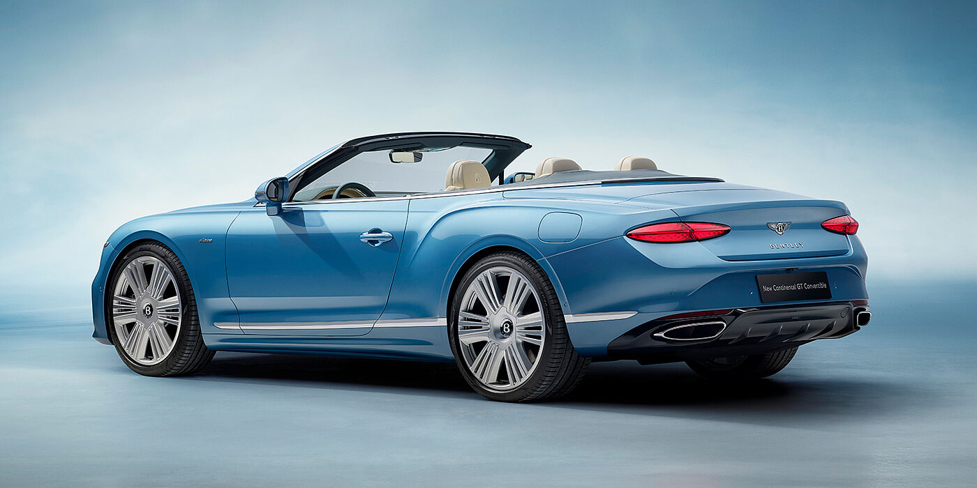 Bentley Lima New Bentley Continental GTC Azure convertible rear view in Light Windsor blue paint with 22 inch ten spoke wheels and chrome exterior details