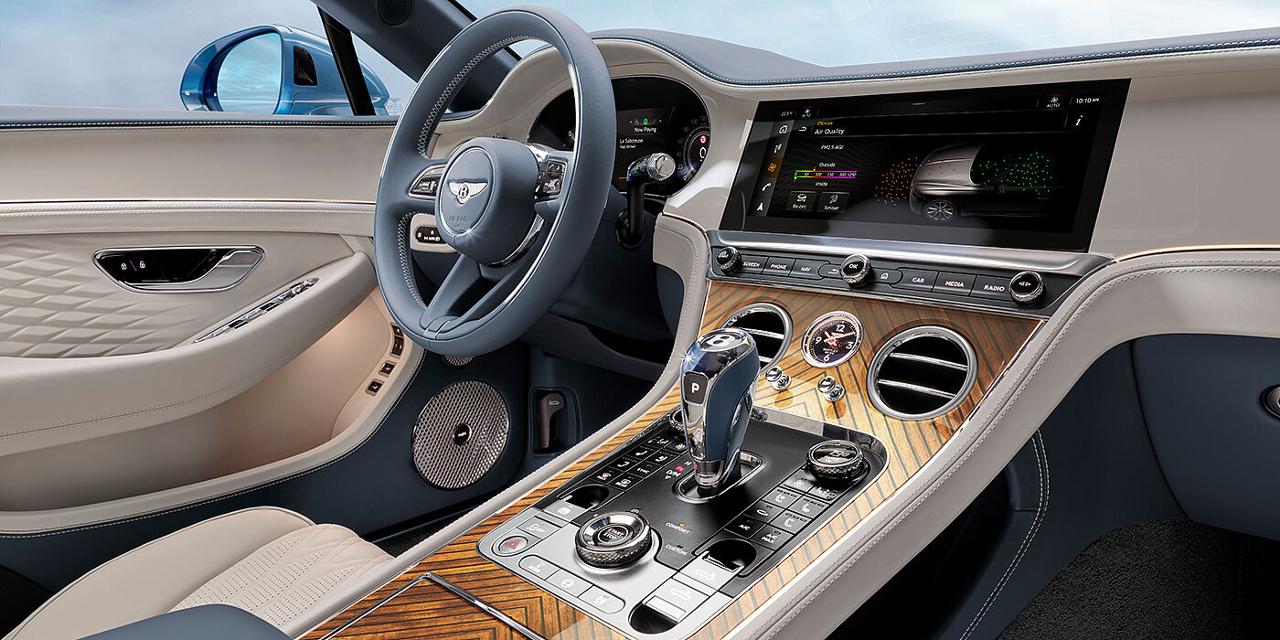 Bentley Lima New Bentley Continental GTC Azure convertible interior front cabin view with Linen and Brunel hides and Piano Linen by Mulliner veneer featuring centre console and centre MMI screen