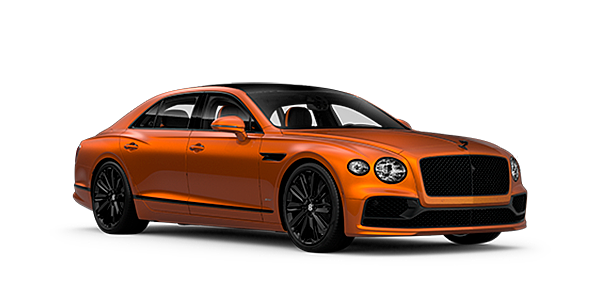 Bentley Lima Bentley Flying Spur Speed front side angled view in Orange Flame coloured exterior. 